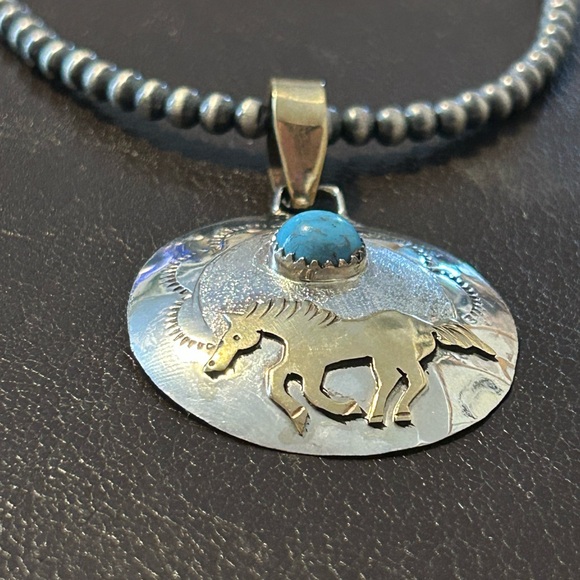 Native American Silver and Gold Horse Pendant with Turquoise Accent - Picture 3 of 7